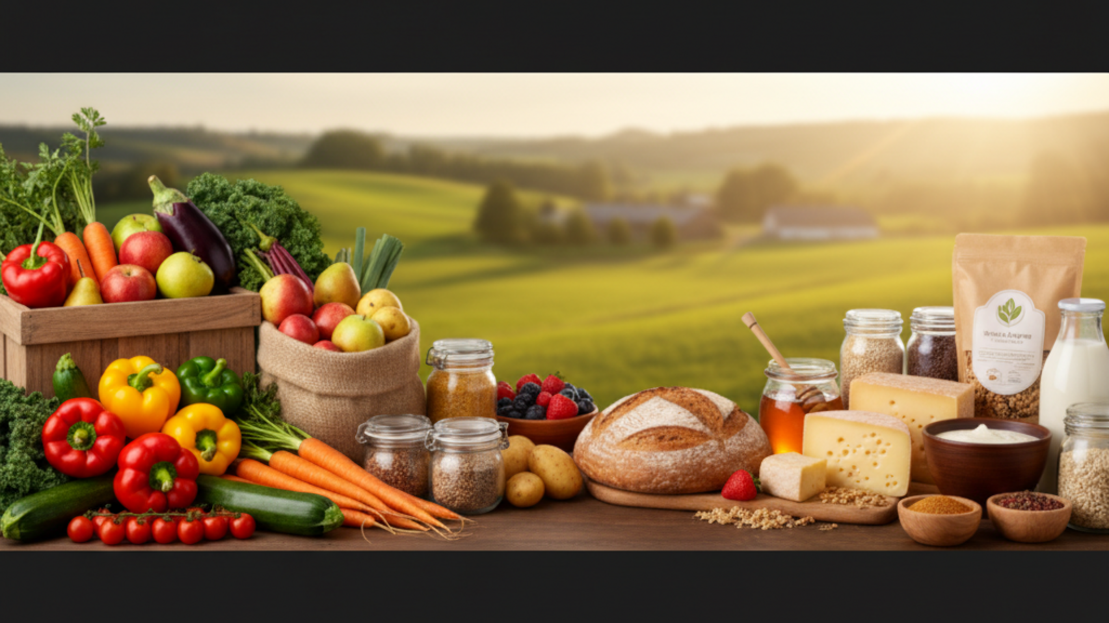 Fresh produce and bulk food on a wooden table