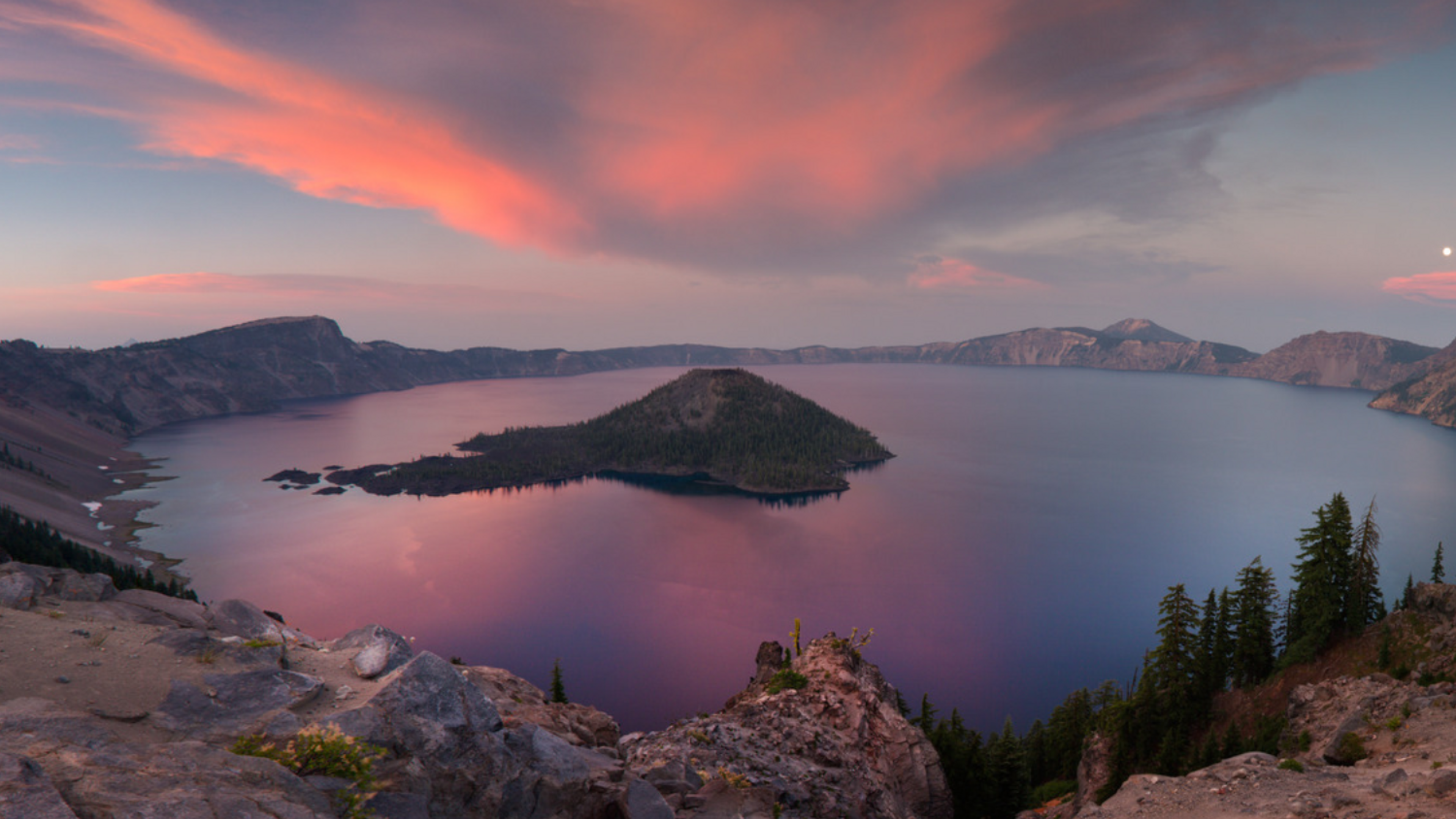 crater lake sunset with pink sky