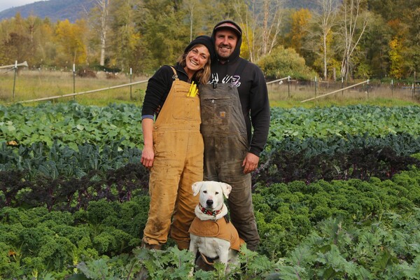 two farmers and a dog standing in a field