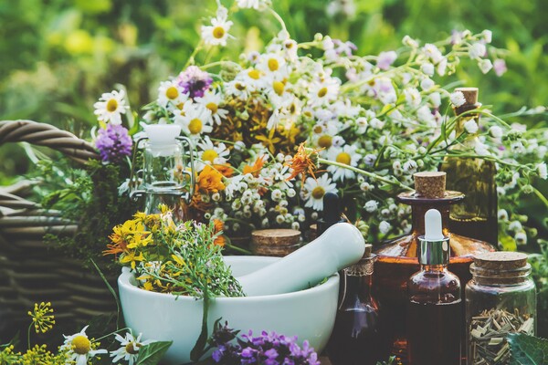 lots of wildflowers with a mortar and pestle