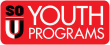 Bright red rectangle with organization name in white text