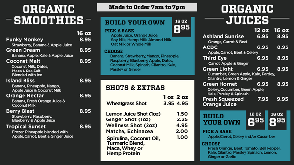 Smoothie and Juice menu