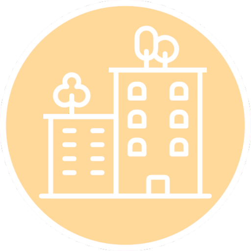 Outline drawing of two building with trees growing on top