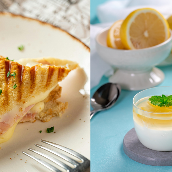 diptych of grilled sandwich and lemon dessert