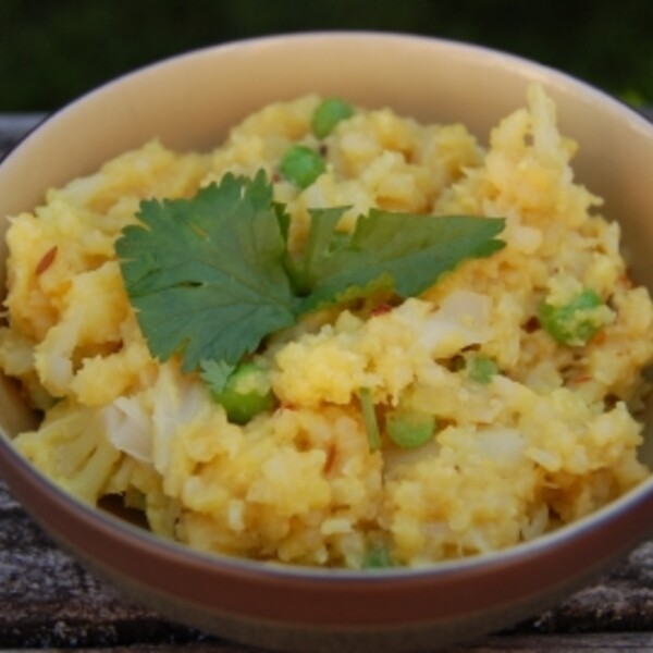 mung dal with rice cauliflower in a bowl