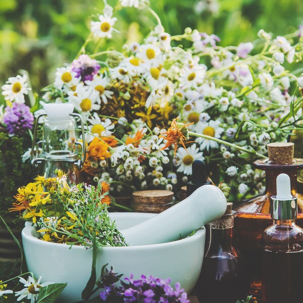lots of wildflowers with a mortar and pestle