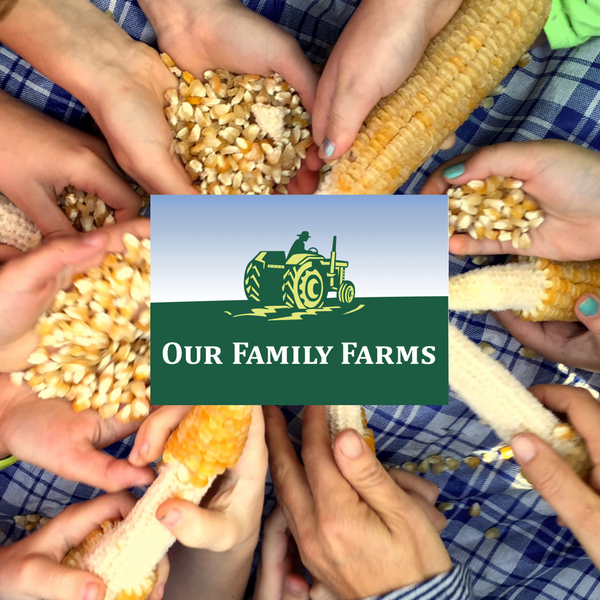 Blog header featuring hands holding stalks and kernels of corn in a circle. The Our Family Farms logo shows in the center. 