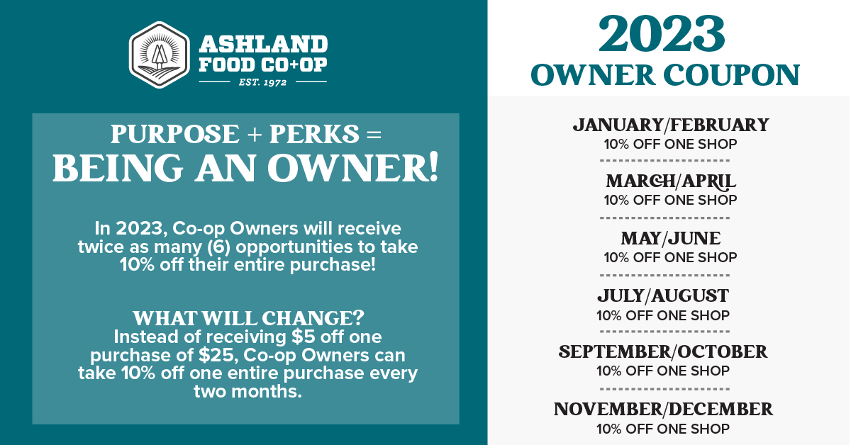 2023 Electronic Owner Coupon Schedule for Ashland Food Co-op 10% off coupon