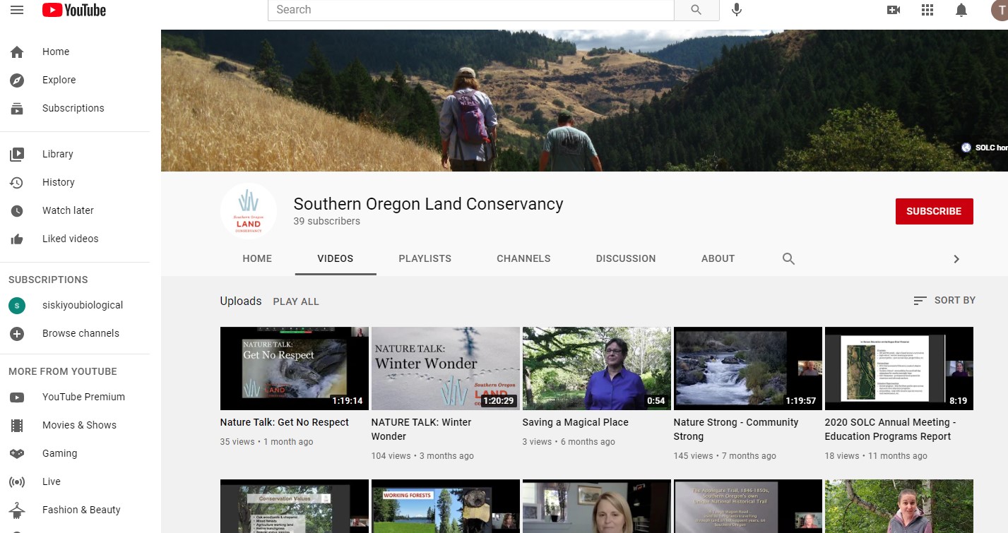 Enjoy Nature Talks on local special plants and animals as well as outdoor education activities at the Southern Oregon Land Conservancy's YouTube page.